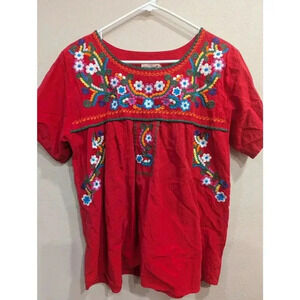 Red Mexican style embroidered peasant blouse by YZXDORWJ size L